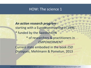 Global Action Plan International 2015 | globalactionplan.com | secretariat@globalactionplan.com
An action research program
starting with a European meeting in 1996
* funded by the Swedish EPA
* of researchers & practitioners in
EMPOWERMENT
Current state embodied in the book ESD
Dialogues, Mehlmann & Pometun, 2013
HOW: The science 1
 