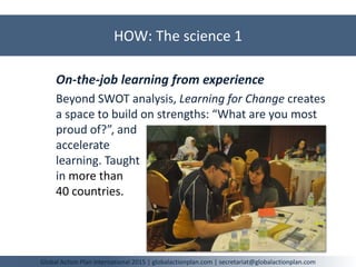 HOW: The science 1
Global Action Plan International 2015 | globalactionplan.com | secretariat@globalactionplan.com
On-the-job learning from experience
Beyond SWOT analysis, Learning for Change creates
a space to build on strengths: “What are you most
proud of?”, and
accelerate
learning. Taught
in more than
40 countries.
 