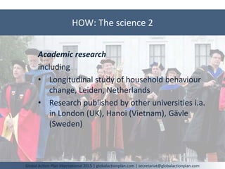 HOW: The science 2
Global Action Plan International 2015 | globalactionplan.com | secretariat@globalactionplan.com
Academic research
including
• Longitudinal study of household behaviour
change, Leiden, Netherlands
• Research published by other universities i.a.
in London (UK), Hanoi (Vietnam), Gävle
(Sweden)
 
