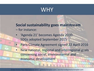 WHY
Global Action Plan International 2015 | globalactionplan.com | secretariat@globalactionplan.com
Social sustainability goes mainstream
– for instance:
• ‘Agenda 21’ becomes Agenda 2030:
SDGs adopted September 2015
• Paris Climate Agreement signed 22 April 2016
• New national, regional and interregional goals
concerning social, environmental and
economic development
 