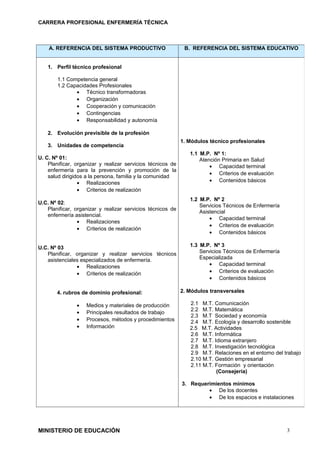 CARRERA PROFESIONAL ENFERMERÍA TÉCNICA



    A. REFERENCIA DEL SISTEMA PRODUCTIVO                      B. REFERENCIA DEL SISTEMA EDUCATIVO


    1. Perfil técnico profesional

        1.1 Competencia general
        1.2 Capacidades Profesionales
               • Técnico transformadoras
               • Organización
               • Cooperación y comunicación
               • Contingencias
               • Responsabilidad y autonomía

    2. Evolución previsible de la profesión
                                                             1. Módulos técnico profesionales
    3. Unidades de competencia
                                                                1.1 M.P. Nº 1:
U. C. Nº 01:                                                        Atención Primaria en Salud
    Planificar, organizar y realizar servicios técnicos de              • Capacidad terminal
    enfermería para la prevención y promoción de la
                                                                        • Criterios de evaluación
    salud dirigidos a la persona, familia y la comunidad
                 • Realizaciones                                        • Contenidos básicos
                 • Criterios de realización
                                                                1.2 M.P. Nº 2
U.C. Nº 02:
                                                                    Servicios Técnicos de Enfermería
   Planificar, organizar y realizar servicios técnicos de
                                                                    Asistencial
   enfermería asistencial.
                                                                        • Capacidad terminal
                • Realizaciones
                                                                        • Criterios de evaluación
                • Criterios de realización
                                                                        • Contenidos básicos

U.C. Nº 03                                                      1.3 M.P. Nº 3
   Planificar, organizar y realizar servicios técnicos              Servicios Técnicos de Enfermería
   asistenciales especializados de enfermería.                      Especializada
               • Realizaciones                                          • Capacidad terminal
               • Criterios de realización                               • Criterios de evaluación
                                                                        • Contenidos básicos

       4. rubros de dominio profesional:                     2. Módulos transversales

                •   Medios y materiales de producción           2.1 M.T. Comunicación
                                                                2.2 M.T. Matemática
                •   Principales resultados de trabajo
                                                                2.3 M.T Sociedad y economía
                •   Procesos, métodos y procedimientos          2.4 M.T. Ecología y desarrollo sostenible
                •   Información                                 2.5 M.T. Actividades
                                                                2.6 M.T. Informática
                                                                2.7 M.T. Idioma extranjero
                                                                2.8 M.T. Investigación tecnológica
                                                                2.9 M.T. Relaciones en el entorno del trabajo
                                                                2.10 M.T. Gestión empresarial
                                                                2.11 M.T. Formación y orientación
                                                                          (Consejería)

                                                             3. Requerimientos mínimos
                                                                      • De los docentes
                                                                      • De los espacios e instalaciones




MINISTERIO DE EDUCACIÓN                                                                                3
 