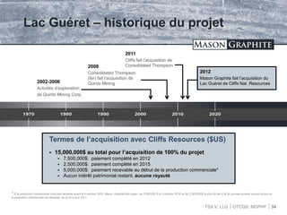 TSX.V: LLG OTCQX: MGPHF
Lac Guéret – historique du projet
Termes de l’acquisition avec Cliffs Resources ($US)
 15,000,000$ au total pour l’acquisition de 100% du projet
 7,500,000$: paiement complété en 2012
 2,500,000$: paiement complété en 2015
 5,000,000$: paiement recevable au début de la production commerciale*
 Aucun intérêt patrimonial restant, aucune royauté
34
* Si la production commerciale n’est pas déclarée avant le 5 octobre 2016, Mason Graphite doit payer (a) 2,500,000 $ le 5 octobre 2016; et (b) 2,500,000$ le plus tôt de (i) la 5e journée ouverte suivant le jour où
la production commerciale est déclarée, ou (ii) le 5 avril 2017
2002-2006
Activités d’exploration
de Quinto Mining Corp.
2012
Mason Graphite fait l’acquisition du
Lac Guéret de Cliffs Nat. Resources
2008
Consolidated Thompson
(fer) fait l’acquisition de
Quinto Mining
2011
Cliffs fait l’acquisition de
Consolidated Thompson
 
