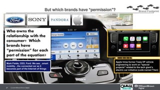 © 2016 Millward Brown Digital.27
But which brands have “permission”?
Who owns the
relationship with the
consumer? Which
brands have
“permission” for each
part of the equation?
Brand Footprint
Mark Fields, CEO, Ford: We see…smart
mobility…the connected car as it
becomes part of the Internet of things
Apple hires former Tesla VP vehicle
engineering to work on "special
projects" related to the tech giant’s
electric car initiative (code-named Titan)
 