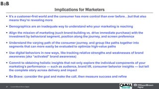 © 2016 Millward Brown Digital.37
Implications for Marketers
 It’s a customer-first world and the consumer has more control than ever before…but that also
means they’re revealing more
 Demographics are an inadequate way to understand who your marketing is reaching
 Align the mission of marketing (such brand-building vs. drive immediate purchase) with the
investment by behavioral segment, position along the journey, and screen preference
 Understand the varying path of the consumer journey, and group like paths together into
segments that can more easily be evaluated to optimize high-value paths
 Use digital behaviors in new ways, like tracking relative strengths and weaknesses of brand
awareness (aka “activated” brand awareness)
 Commit to obtaining holistic insights that not only explore the individual components of your
marketing’s performance — such as audience, brand lift, consumer behavior insights — but tell
the complete story across delivery and impact
 Be Brave: consider the goal and make the call, then measure success and refine
B2B
 