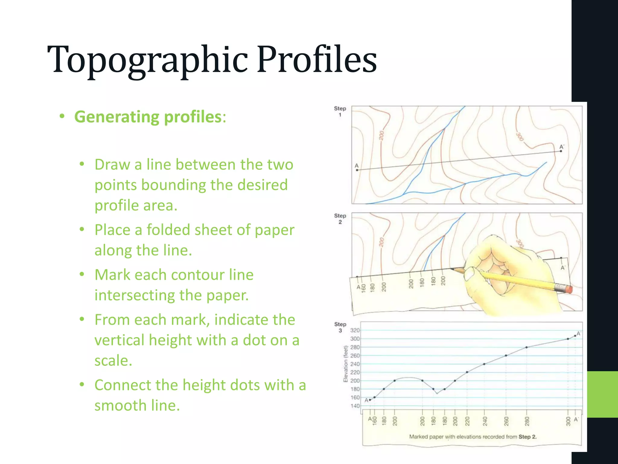 Topographic Profiles
• Generating profiles:
• Draw a line between the two
points bounding the desired
profile area.
• Place a folded sheet of paper
along the line.
• Mark each contour line
intersecting the paper.
• From each mark, indicate the
vertical height with a dot on a
scale.
• Connect the height dots with a
smooth line.
 