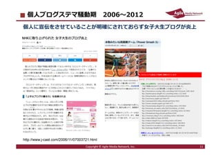 2016/7/4 11
個人ブログステマ騒動期 2006〜2012
個⼈に宣伝をさせていることが明確にされておらず⼥⼦⼤⽣ブログが炎上
11Copyright © Agile Media Network, Inc.
http://www.j-cast.com/2006/11/07003721.html
 