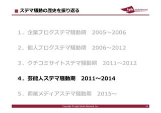 2016/7/4 16
ステマ騒動の歴史を振り返る
１．企業ブログステマ騒動期 2005〜2006
２．個人ブログステマ騒動期 2006〜2012
３．クチコミサイトステマ騒動期 2011〜2012
４．芸能人ステマ騒動期 2011〜2014
５．商業メディアステマ騒動期 2015〜
16Copyright © Agile Media Network, Inc.
 