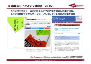 2016/7/4 23
商業メディアステマ騒動期 2015〜
5⽉にウェブニュースにおけるステマの内情を暴露した本が出版。
6月には日経デジタルマーケが、ノンクレジット広告の特集を展開
Copyright © Agile Media Network, Inc. 23
http://business.nikkeibp.co.jp/article/nmgp/20150617/284348/
 