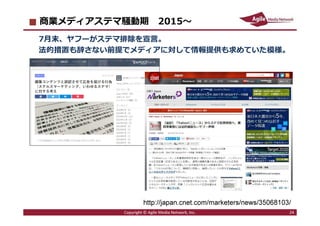2016/7/4 24
商業メディアステマ騒動期 2015〜
7月末、ヤフーがステマ排除を宣言。
法的措置も辞さない前提でメディアに対して情報提供も求めていた模様。
Copyright © Agile Media Network, Inc. 24
http://japan.cnet.com/marketers/news/35068103/
 