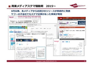 2016/7/4 25
商業メディアステマ騒動期 2015〜
8⽉以降、各メディアからお詫びのリリースが断続的に発表
ヤフーの子会社でもステマ記事があった事実が発覚
Copyright © Agile Media Network, Inc. 25
 