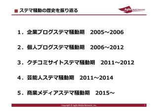 2016/7/4 7
ステマ騒動の歴史を振り返る
１．企業ブログステマ騒動期 2005〜2006
２．個人ブログステマ騒動期 2006〜2012
３．クチコミサイトステマ騒動期 2011〜2012
４．芸能人ステマ騒動期 2011〜2014
５．商業メディアステマ騒動期 2015〜
7Copyright © Agile Media Network, Inc.
 