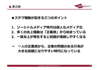 ステマ騒動を起こさないために
我々はどうするべきか︖
74Copyright © Agile Media Network, Inc.
 