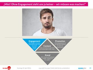 Und was bringt uns das jetzt genau?
Content
„Was schreibe ich eigentlich?
Cat-Content geht immer, oder?“
Kanal
„Wir müssen auf Facebook!
Google+ machen wir
erst später!“
Engagement
„Wie steigere ich meine
Interaktionsrate? Und
was, wenn
jemand
fragt?“
Promotion
„Und wie gewinnen wir
nun die Fans? Machen
wir doch ein
Gewinnspiel!“
?
copyright Scompler GmbH (alle Rechte vorbehalten) 19Sonntag, 15. Mai 2016
 