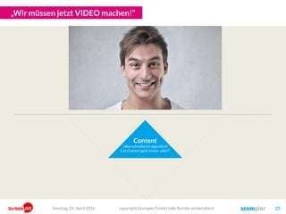 „Oder vielleicht besser ein White-Paper?“
Content
„Was schreibe ich eigentlich?
Cat-Content geht immer, oder?“
copyright Scompler GmbH (alle Rechte vorbehalten) 23Sonntag, 15. Mai 2016
 
