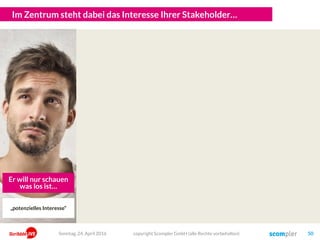 Strategisches Content Marketing
auch nachhaltige Ziele
 z.B: Markenführung, Thought-Leader-
ship, Kundenbindung, Vertrauen, …
 Aber auch Kostensenkung und
geringere Abhängigkeit von fremden
Reichweiten
copyright Scompler GmbH (alle Rechte vorbehalten) 50Sonntag, 15. Mai 2016
Strategisches Content Marketing: Langfristig
Operatives Content Marketing
kurzfristige Ziele
 z.B. Traffic, Aufmerksamkeit, Rankings,
Reichweite, Backlinks, Fans, Likes,
Abonnenten, Upselling…
 Aber auch Leads und Conversion
 