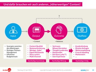 Der Wertschöpfungsbeitrag von Content Marketing
copyright Scompler GmbH (alle Rechte vorbehalten) 86Sonntag, 15. Mai 2016
Unsere Zielgruppen werden auf unsere Inhalte aufmerksam und nehmen
die wichtigsten Botschaften und Angebote wahr.
Unsere Inhalte müssen möglichst auf allen für unsere Zielgruppen
relevanten Kanälen präsent und sichtbar sein.
InputOutputOutcomeOutgrowth
Unternehmenserfolg
Aufmerksamkeit
Content
Kanäle/Reichweite
Engagement
Zielgruppen beschäftigen sich intensiver mit Inhalten von uns, interagie-
ren, teilen Inhalte und fordern weitere Inhalte von uns an (Leads)
Wir produzieren „Content“!
Markenvertrauen
Wir erfüllen kontinuierlich Interessen, Bedürfnisse und Erwartungen
durch nutzwertige Inhalte sowie durch Dialog und Service (= Nutzen)
Top of Mind
Zielgruppen denken in den von uns definierten Themen zuerst ans uns
und suchen gezielt unseren Rat – auch über unseren Content
Markenpräferenz
Zielgruppen nehmen uns als Kompetenz-, Innovations-, Service- oder
Sympathie-Führer wahr und bevorzugen uns deswegen!
Wir machen mehr Umsatz und mehr Gewinn!
 