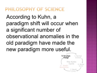 According to Kuhn, a
paradigm shift will occur when
a significant number of
observational anomalies in the
old paradigm have made the
new paradigm more useful.
27
 