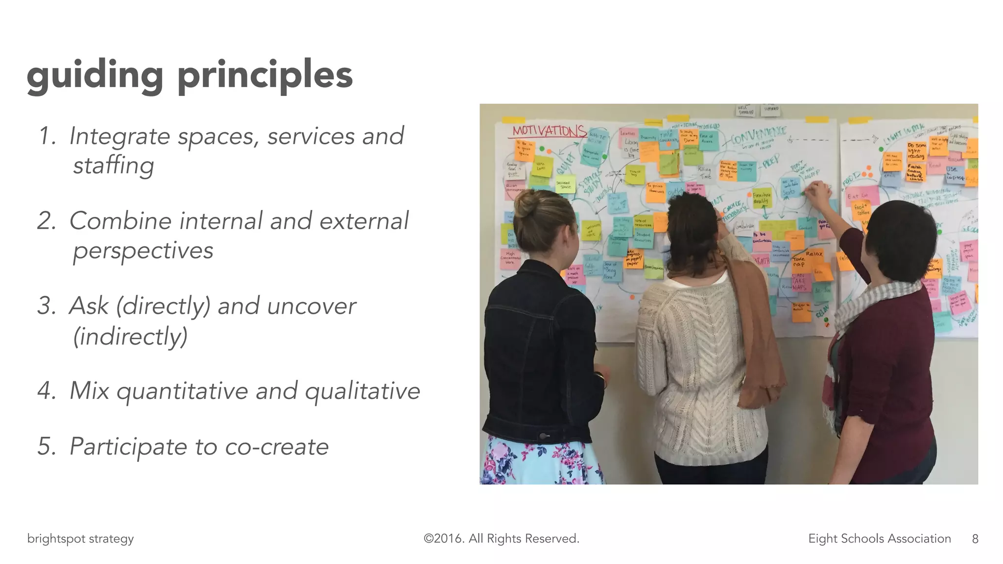 8brightspot strategy Eight Schools Association©2016. All Rights Reserved.
guiding principles
1.  Integrate spaces, services and
staffing
2.  Combine internal and external
perspectives
3.  Ask (directly) and uncover
(indirectly)
4.  Mix quantitative and qualitative
5.  Participate to co-create
 