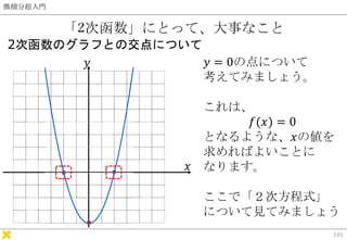 微積分超入門
「2次函数」にとって、大事なこと
2次函数のグラフとの交点について
101
𝑥
𝑦 𝑦 = 0の点について
考えてみましょう。
これは、
𝑓(𝑥) = 0
となるような、𝑥の値を
求めればよいことに
なります。
ここで「２次方程式...