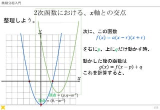 微積分超入門
2次函数における、𝑥軸との交点
整理しよう。
155
𝑥
𝑦 次に、この函数
𝑓 𝑥 = 𝑎(𝑥 − 𝑟)(𝑥 + 𝑟)
を右に𝑝、上に𝑞だけ動かす時、
動かした後の函数は
𝑔 𝑥 = 𝑓 𝑥 − 𝑝 + 𝑞
これを計算すると、
...