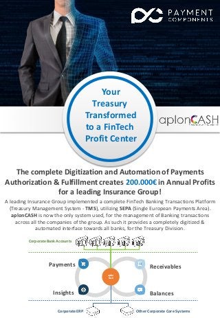 The complete Digitization and Automation of Payments
Authorization & Fulfillment creates 200.000€ in Annual Profits
for a leading Insurance Group!
A leading Insurance Group implemented a complete FinTech Banking Transactions Platform
(Treasury Management System - TMS), utilizing SEPA (Single European Payments Area).
aplonCASH is now the only system used, for the management of Banking transactions
across all the companies of the group. As such it provides a completely digitized &
automated interface towards all banks, for the Treasury Division.
Your
Treasury
Transformed
to a FinTech
Profit Center
aplon
Cash
Receivables
Balances
Payments
Insights
Corporate Bank Accounts
Corporate ERP Other Corporate Core Systems
 