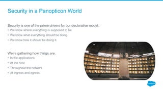 Security in a Panopticon World
Security is one of the prime drivers for our declarative model.
• We know where everything is supposed to be.
• We know what everything should be doing.
• We know how it should be doing it.
We’re gathering how things are.
• In the applications
• At the host
• Throughout the network
• At ingress and egress
 