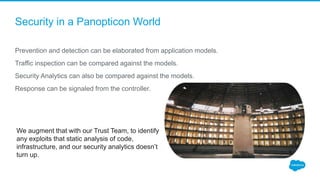 Security in a Panopticon World
Prevention and detection can be elaborated from application models.
Traffic inspection can be compared against the models.
Security Analytics can also be compared against the models.
Response can be signaled from the controller.
We augment that with our Trust Team, to identify
any exploits that static analysis of code,
infrastructure, and our security analytics doesn’t
turn up.
 