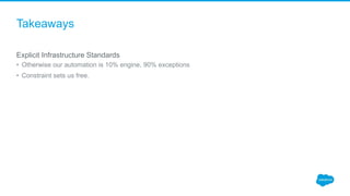 Takeaways
Explicit Infrastructure Standards
• Otherwise our automation is 10% engine, 90% exceptions
• Constraint sets us free.
 