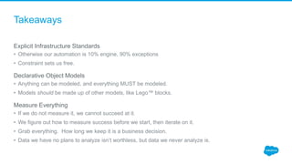 Takeaways
Explicit Infrastructure Standards
• Otherwise our automation is 10% engine, 90% exceptions
• Constraint sets us free.
Declarative Object Models
• Anything can be modeled, and everything MUST be modeled.
• Models should be made up of other models, like Lego™ blocks.
Measure Everything
• If we do not measure it, we cannot succeed at it.
• We figure out how to measure success before we start, then iterate on it.
• Grab everything. How long we keep it is a business decision.
• Data we have no plans to analyze isn’t worthless, but data we never analyze is.
 