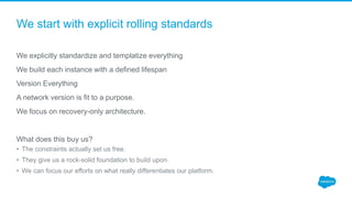 We start with explicit rolling standards
We explicitly standardize and templatize everything
We build each instance with a defined lifespan
Version Everything
A network version is fit to a purpose.
We focus on recovery-only architecture.
What does this buy us?
• The constraints actually set us free.
• They give us a rock-solid foundation to build upon.
• We can focus our efforts on what really differentiates our platform.
 