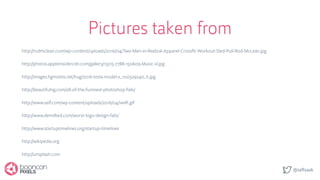 @saftsaak
Pictures taken from
http://images.hgmsites.net/hug/2016-tesla-model-x_100529240_h.jpg
http://www.self.com/wp-content/uploads/2016/04/swift.gif
http://rodmclean.com/wp-content/uploads/2016/04/Two-Men-in-Reebok-Apparel-Crossﬁt-Workout-Sled-Pull-Rod-McLean.jpg
http://photos.appleinsidercdn.com/gallery/13215-7788-150609-Music-xl.jpg
http://www.demilked.com/worst-logo-design-fails/
http://beautifulng.com/28-of-the-funniest-photoshop-fails/
http://www.startuptimelines.org/startup-timelines
http://wikipedia.org
http://unsplash.com
 