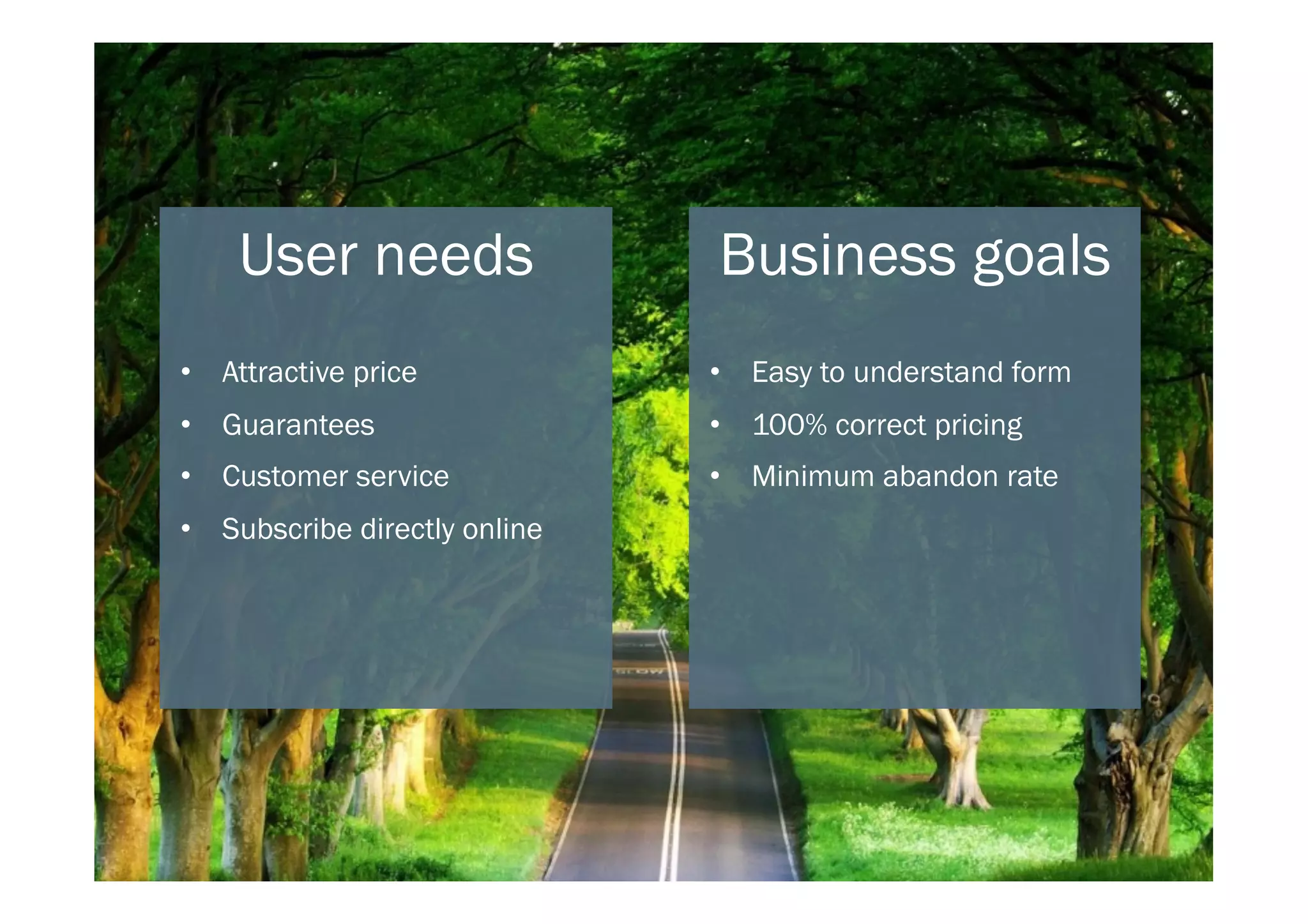 Business goals
•  Easy to understand form
•  100% correct pricing
•  Minimum abandon rate
User needs
•  Attractive price
•  Guarantees
•  Customer service
•  Subscribe directly online
 