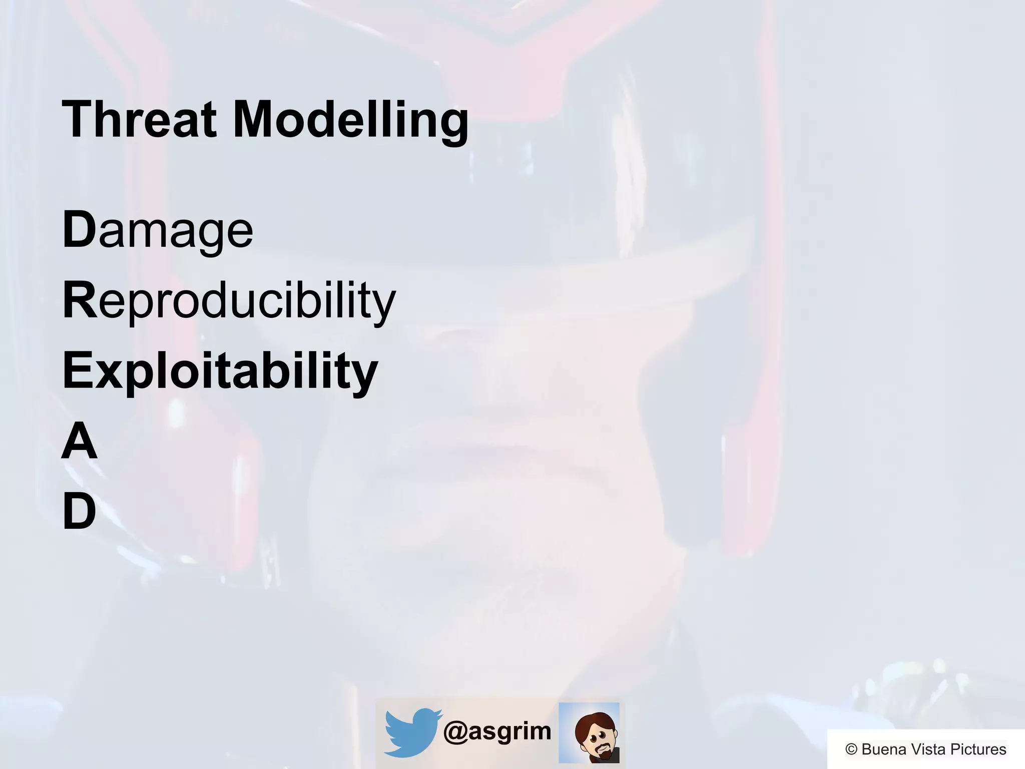 @asgrim
Threat Modelling
Damage
Reproducibility
Exploitability
A
D
© Buena Vista Pictures
 
