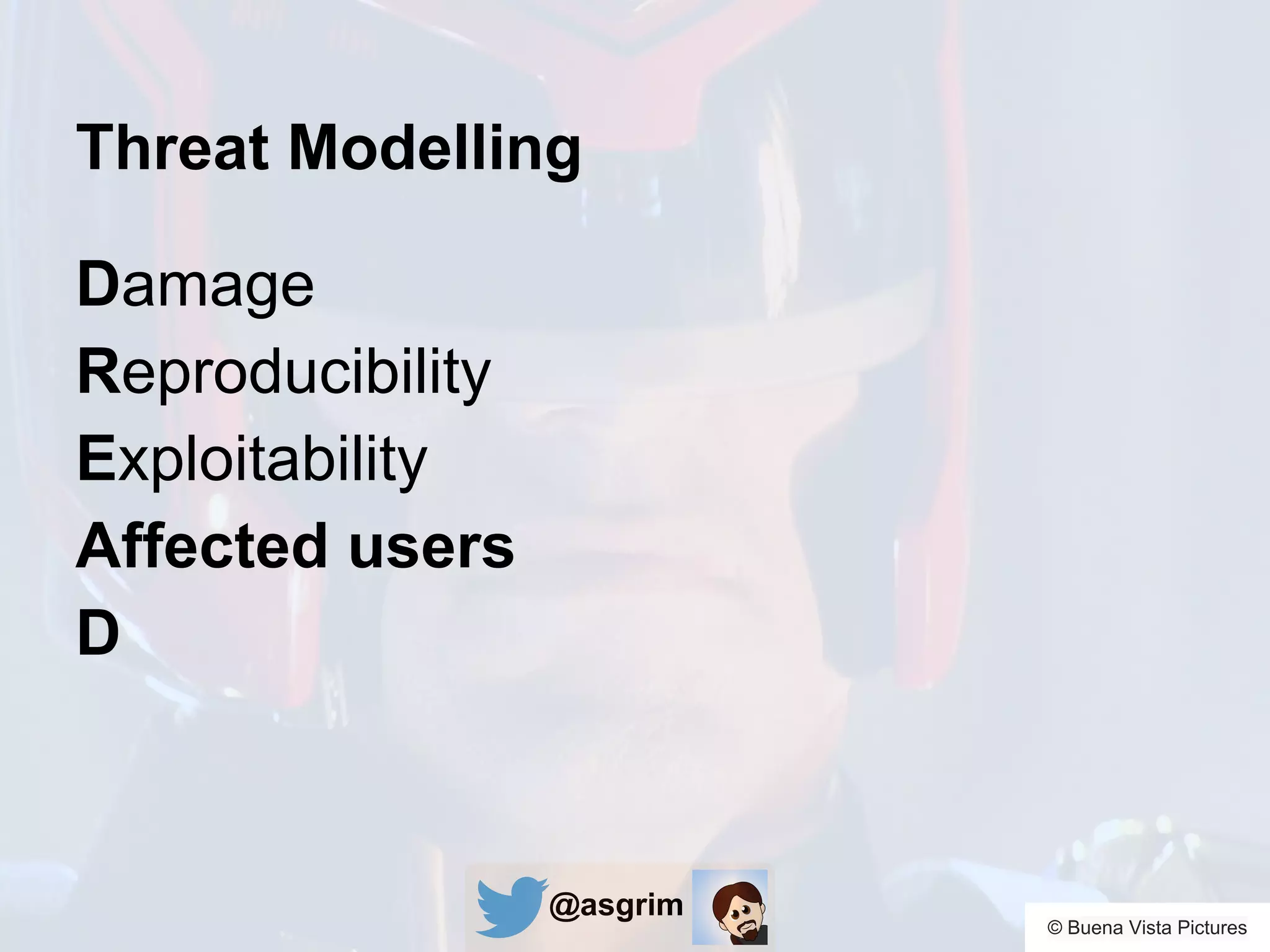 @asgrim
Threat Modelling
Damage
Reproducibility
Exploitability
Affected users
D
© Buena Vista Pictures
 
