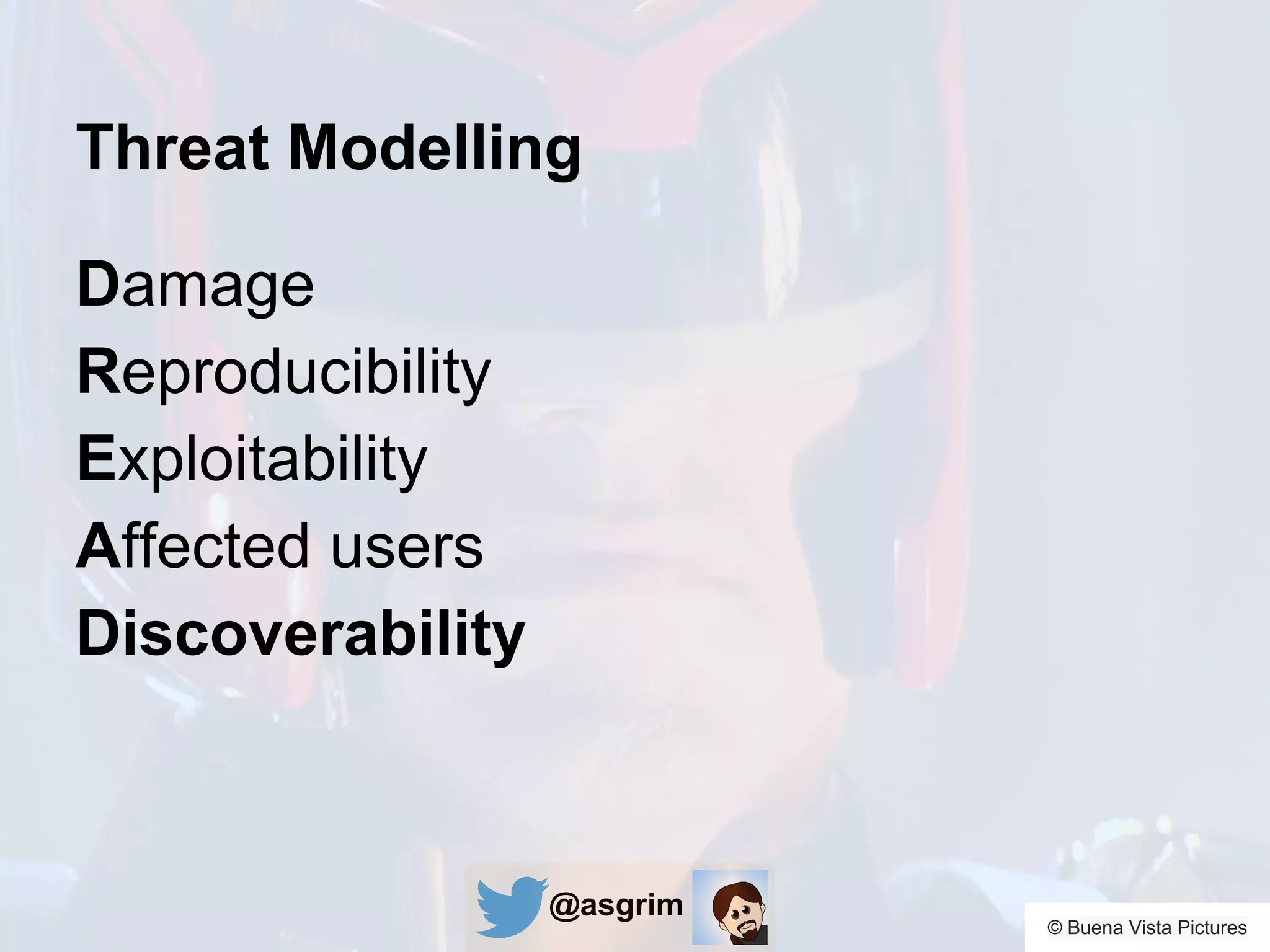 @asgrim
Threat Modelling
Damage
Reproducibility
Exploitability
Affected users
Discoverability
© Buena Vista Pictures
 