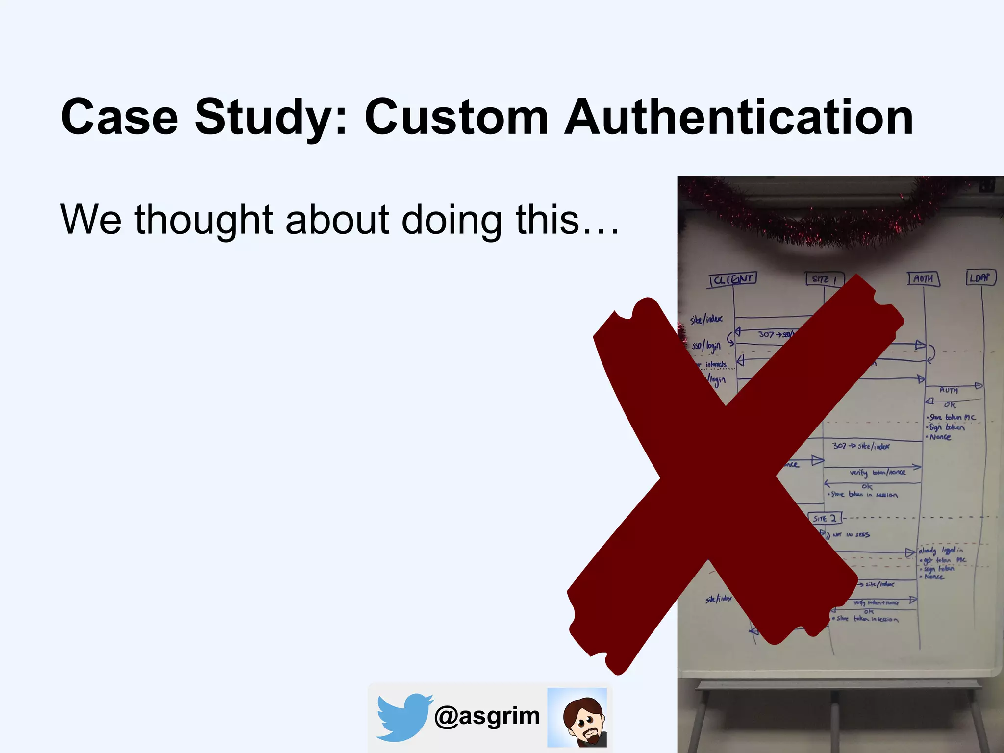 @asgrim
Case Study: Custom Authentication
We thought about doing this…
✘
 