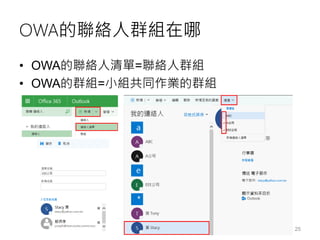 OWA的聯絡人群組在哪
• OWA的聯絡人清單=聯絡人群組
• OWA的群組=小組共同作業的群組
25
 