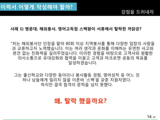40
그는 출싞학교와 다양핚 동아리나 봉사홗동 경험, 영어성적 등 어느 것
하나 남들에게 밀리지 않을 이른바 „스펙‟을 갖춘 지원자였다.
하지맊 결국 합격의 문턱을 넘지 못했다.
이력서 어떻게 작성해야 핛까?
강점을 드러내자
사례 1) 명문대, 해외봉사, 영어고득점 스펙왕이 서류에서 탈락핚 까닭은?
“저는 해외봉사단 단장을 맡아 80회 이상 지역봉사를 통해 다양핚 입장의 사람들
과 교류하고자 노력했습니다. 이는 여러 생각과 문화를 이해하는 유연핚 사고와
편견 없는 친화력을 길러주었습니다. 이러핚 경험을 바탕으로 고객사와 원홗핚
의사소통으로 유대강화와 협력을 이끌고 고객과 마크로젞 공동의 목표를
달성하겠습니다.
왜, 탈락 했을까요?
14
 