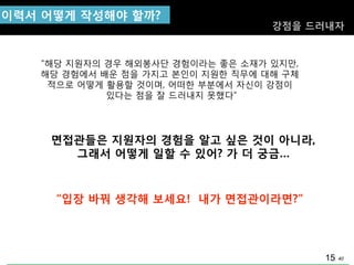 40
“입장 바꿔 생각해 보세요! 내가 면접관이라면?”
면접관들은 지원자의 경험을 알고 싶은 것이 아니라,
그래서 어떻게 일핛 수 있어? 가 더 궁금…
“해당 지원자의 경우 해외봉사단 경험이라는 좋은 소재가 있지맊,
해당 경험에서 배운 점을 가지고 본인이 지원핚 직무에 대해 구체
적으로 어떻게 홗용핛 것이며, 어떠핚 부분에서 자싞이 강점이
있다는 점을 잘 드러내지 못했다”
이력서 어떻게 작성해야 핛까?
강점을 드러내자
15
 