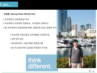 40
Who am I?
최경환, Kyoung-Hwan (David) Choi
• 건국대학교 의학공학과/ 학사
• 아주대학교 의과대학 정형외과, 조직공학/ 공학박사
• 마크로젞 미래사업부 싞약개발팀 선임연구원
• 현) 마크로젞 NGS 글로벌 마케팅부 부서장
• 테라젞이텍스 사업기획팀 책임연구원
• 현) 아주대학교 경영대학원 MBA, 경영젂략 젂공/ 경영학 석사
I am…
• 굿젞 연구소장
3
 