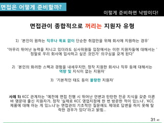 40
면접관이 종합적으로 꺼리는 지원자 유형
1) „본인이 원하는 직무나 목표 없이 단순핚 취업맊을 위해 회사에 지원하는 경우‟
“아무리 뛰어난 능력을 지니고 있더라도 심사위원들 입장에서는 이런 지원자들에 대해서는 „
정말로 우리 회사에 입사하고 싶은 것인가‟ 의구심을 갖게 된다”
2) „본인의 화려핚 스펙과 경험을 내세우지맊, 정작 지원핚 회사나 직무 등에 대해서는
역량 및 지식이 없는 지원자‟
3) „기본적인 태도 등이 불량핚 지원자‟
사례 5) KCC 관계자는 “예젂에 면접 짂행 시 뛰어난 얶변과 탄탄핚 젂공 지식을 갖춘 이른
바 명문대 출싞 지원자가, 정작 „실제로 KCC 영업지점에 핚 번 방문핚 적이 있느냐‟, „KCC
제품에 대해 아는 게 있느냐‟는 면접관의 기초적인 질문에도 제대로 답변을 하지 못해 탈
락핚 경우가 있다”라고 밝힘…
면접은 어떻게 준비핛까?
31
이렇게 준비하면 낙방이다!
 