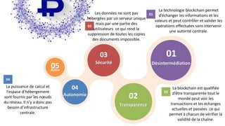 01
Désintermédiation
02
Transparence
03
Sécurité
04
Autonomie
05Autre
01
02
03
04
La technologie blockchain permet
d’échanger les informations et les
valeurs et peut contrôler et valider les
opérations effectuées sans intervenir
une autorité centrale.
La blockchain est qualifiée
d’être transparente tout le
monde peut voir les
transactions et les échanges
actuelles et passées ce qui
permet à chacun de vérifier la
validité de la chaîne.
La puissance de calcul et
l’espace d’hébergement
sont fournis par les nœuds
du réseau. Il n’y a donc pas
besoin d’infrastructure
centrale.
Les données ne sont pas
hébergées par un serveur unique
mais par une partie des
utilisateurs ce qui rend la
suppression de toutes les copies
des documents impossible.
 