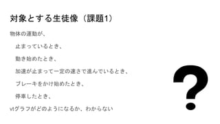 対象とする生徒像（課題1）
物体の運動が、
止まっているとき、
動き始めたとき、
加速が止まって一定の速さで進んでいるとき、
ブレーキをかけ始めたとき、
停車したとき、
vtグラフがどのようになるか、わからない
 