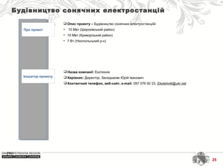 Будівництво сонячних електростанцій
Про проект
Ініціатор проекту
 Назва компанії: Екотехнік
 Керівник: Директор, Засядьвовк Юрій Іванович
 Контактний телефон, веб-сайт, e-mail: 097 076 92 23, Ekotehnik@ukr.net
 Опис проекту – Будівництво сонячних електростанціїй:
• 10 Мвт (Широківський район)
• 10 Мвт (Криворізький район)
• 7 Вт (Нікопольський р-н)
25
 