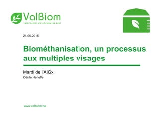 www.valbiom.be
Biométhanisation, un processus
aux multiples visages
Mardi de l’AIGx
Cécile Heneffe
24.05.2016
 