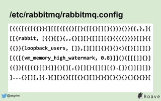 /etc/rabbitmq/rabbitmq.config
[{{{[{{[{{}}{][[[{[{{}[[}{[[{}[][}{}}}{}}{{,},]{
[[{rabbit, [{{}[[}{,,{}[][}{[][][{}{{{{}}}}[[}{{
{{}}{loopback_users, []},[][][]{}{}{}<}{[}[][][}
[{{[{vm_memory_high_watermark, 0.8}]]{}{[[[]]{}]
{{]}[{[{{}[[}{]]{}[][,{}[][}{[][][{}.[]}{]][][]}
]...{}[][,]{.}[][}{}[[[{}{][]}{}{}[}{}{}{]{}{}}[
@asgrim
 