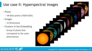 EuroVis 2016 Pezzotti et al. // Hierarchical Stochastic Neighbor Embedding //
Use case II: Hyperspectral images
28
• Pixels
• 1M Data points (1024x1024)
• Images
• 12 Dimensions
• Clusters in the Embedding
• Group of pixels that
correspond to the same
phenomenon
 