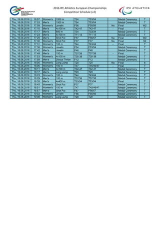 2016 IPC Athletics European Championships 
Competition Schedule (v2)
Thu, 16.06.2016 16:57 Women's 1500 m T54 T53/54 Medal Ceremony T
Thu, 16.06.2016 17:03 Men's 1500 m T54 T53/54 Medal Ceremony T
Thu, 16.06.2016 17:09 Women's Javelin F56 F55/56 No Final W2
Thu, 16.06.2016 17:10 Men's 4x100 m T42-47 T42-47 - Final T
Thu, 16.06.2016 17:17 Men's 800 m T34 T33/34 Medal Ceremony T
Thu, 16.06.2016 17:23 Men's 4x100 m T11-13 T11-13 Medal Ceremony T
Thu, 16.06.2016 17:29 Men's Shot Put F57 F56/57 No Final W2
Thu, 16.06.2016 17:30 Women's Shot Put F37 F37 No Final S2
Thu, 16.06.2016 17:31 Women's 100 m T44 T43/44 - Final T
Thu, 16.06.2016 17:36 Women's Javelin F54 F53/54 Medal Ceremony T
Thu, 16.06.2016 17:42 Men's Javelin F46 F46 Medal Ceremony T
Thu, 16.06.2016 17:48 Men's 100 m T37/38 T37/38 - Final T
Thu, 16.06.2016 17:53 Women's 4x100 m T35-38 T35-38 Medal Ceremony T
Thu, 16.06.2016 17:59 Men's Discus Throw F12 F12 Medal Ceremony T
Thu, 16.06.2016 18:05 Women's Long Jump T20 T20 No Final 6
Thu, 16.06.2016 18:06 Women's 100 m T47 T45/46/47 - Final T
Thu, 16.06.2016 18:11 Men's 4x100 m T42-47 T42-47 Medal Ceremony T
Thu, 16.06.2016 18:17 Men's Long Jump T20 T20 Medal Ceremony T
Thu, 16.06.2016 18:23 Women's 100 m T44 T43/44 Medal Ceremony T
Thu, 16.06.2016 18:29 Men's 100 m T37/38 T37/38 Medal Ceremony T
Thu, 16.06.2016 18:35 Men's 4x400 m T53/54 T53/54 - Final T
Thu, 16.06.2016 18:45 Women's Shot Put F37 F37 Medal Ceremony T
Thu, 16.06.2016 18:51 Women's 100 m T47 T45/46/47 Medal Ceremony T
Thu, 16.06.2016 18:57 Men's Shot Put F57 F56/57 Medal Ceremony T
Thu, 16.06.2016 19:03 Women's Javelin F56 F55/56 Medal Ceremony T
Thu, 16.06.2016 19:09 Women's Long Jump T20 T20 Medal Ceremony T
 