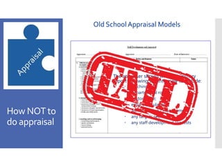 How NOT to
do appraisal
Old SchoolAppraisal Models
The appraiser should write a summary
report following the interview to include:
 teaching role;
 departmental role;
 pastoral role;
 extra-curricular role;
 administration / management;
 any targets set;
 any staff development requests
 