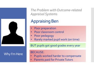 AppraisingBen
The Problem with Outcome-related
Appraisal Systems
• Poor preparation
• Poor classroom control
• Poor pedagogy
• Rarely marked pupil work (on time)
BUT pupils got good grades every year
BECAUSE:
• Pupils worked harder to compensate
• Parents paid for PrivateTutors
WhyI’mHere
 